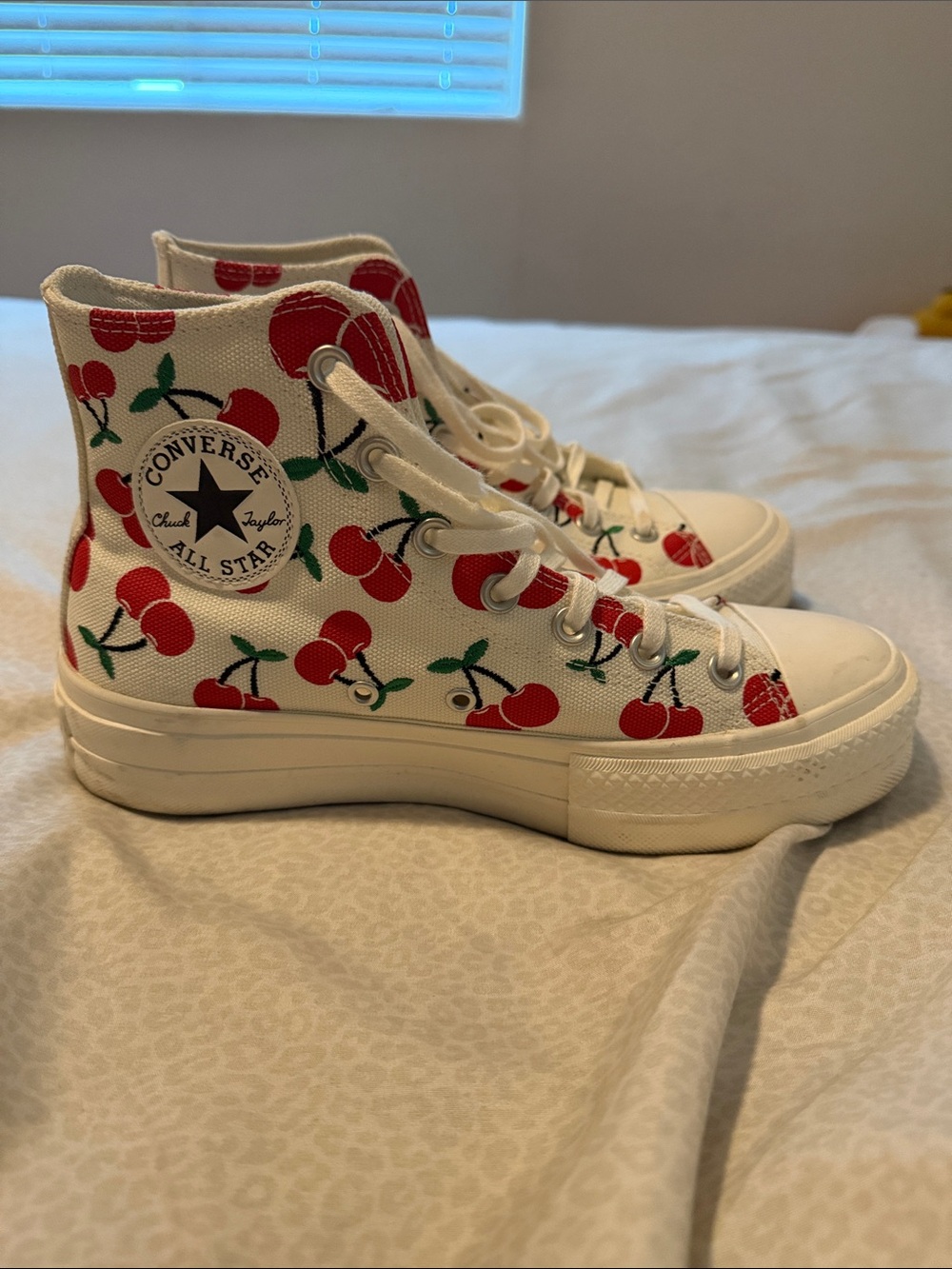 Converse White Canvas High Top Sneakers with Red Cherry Print